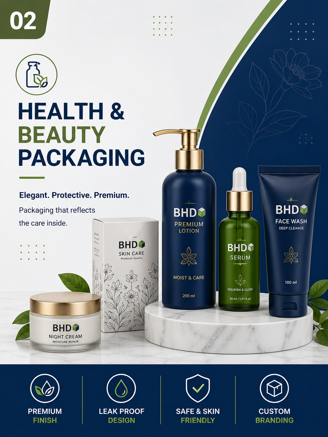 Cosmetic bottles and jars in health and beauty packaging